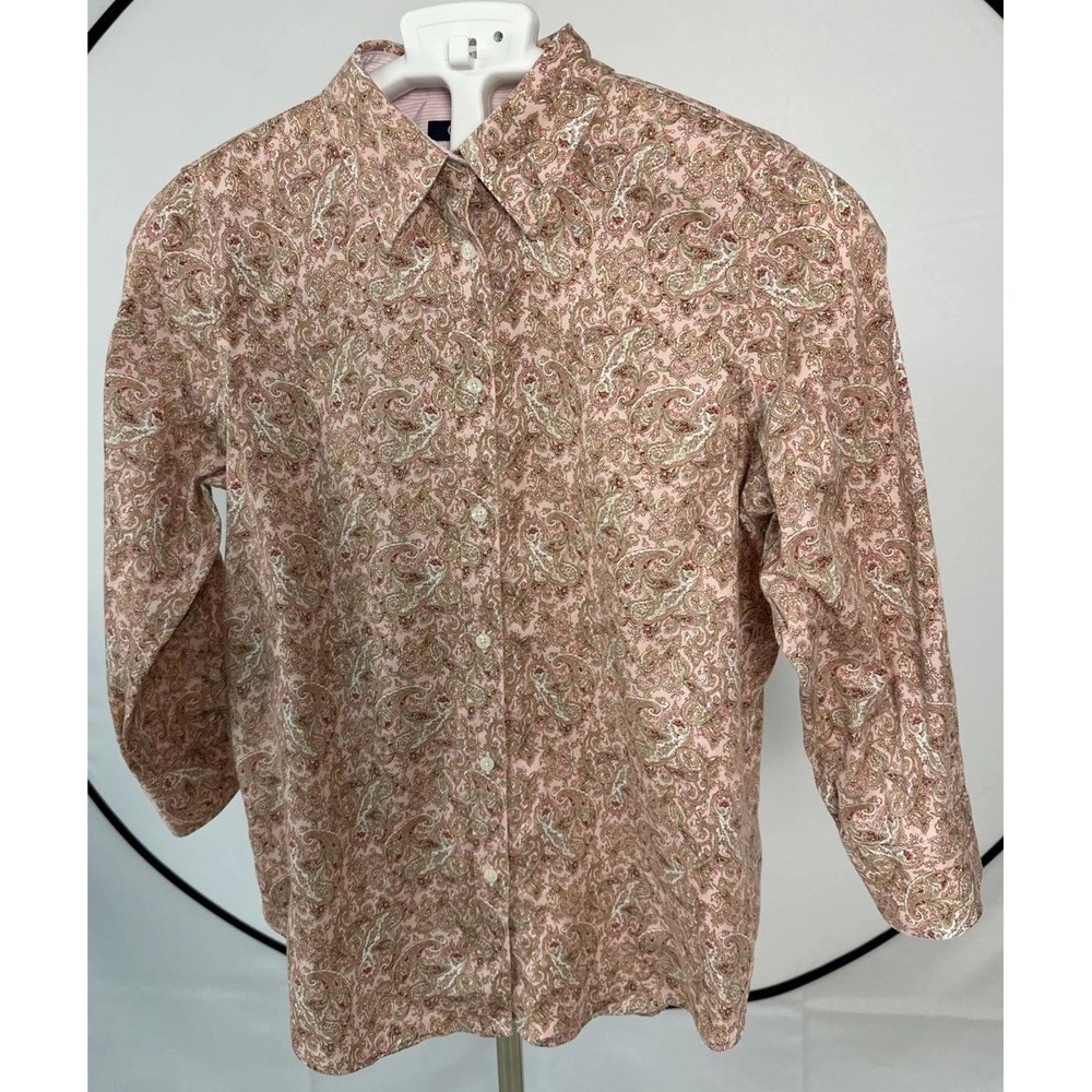 Chaps  No Iron Shirt Women's Sz M Multicolor Paisley Floral 3/4 Sleeves